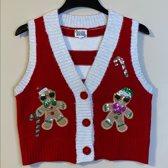 Major Jackets & Blazers - Major Label Group Holiday Red and White Vest with Gingerbread Design Size M